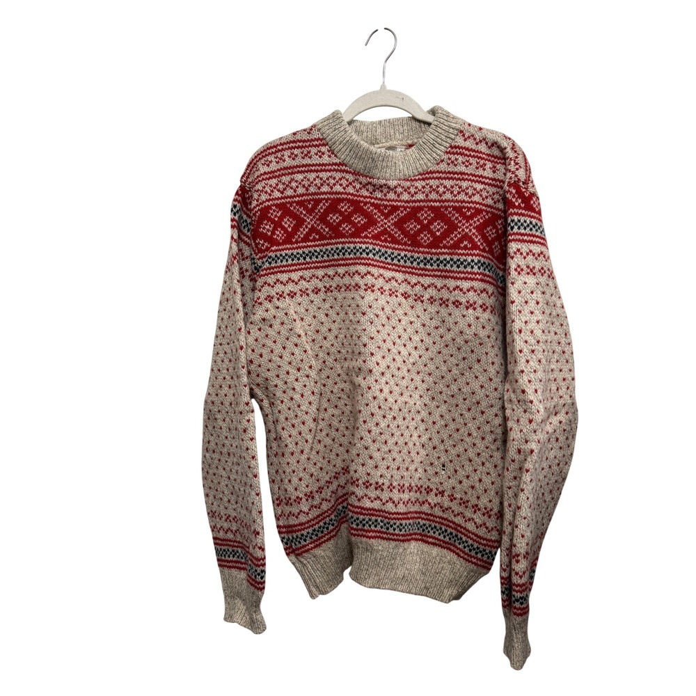 Vintage Winona Wool Fair Isle Sweater Large Red Cream Nordic Made in USA Unisex